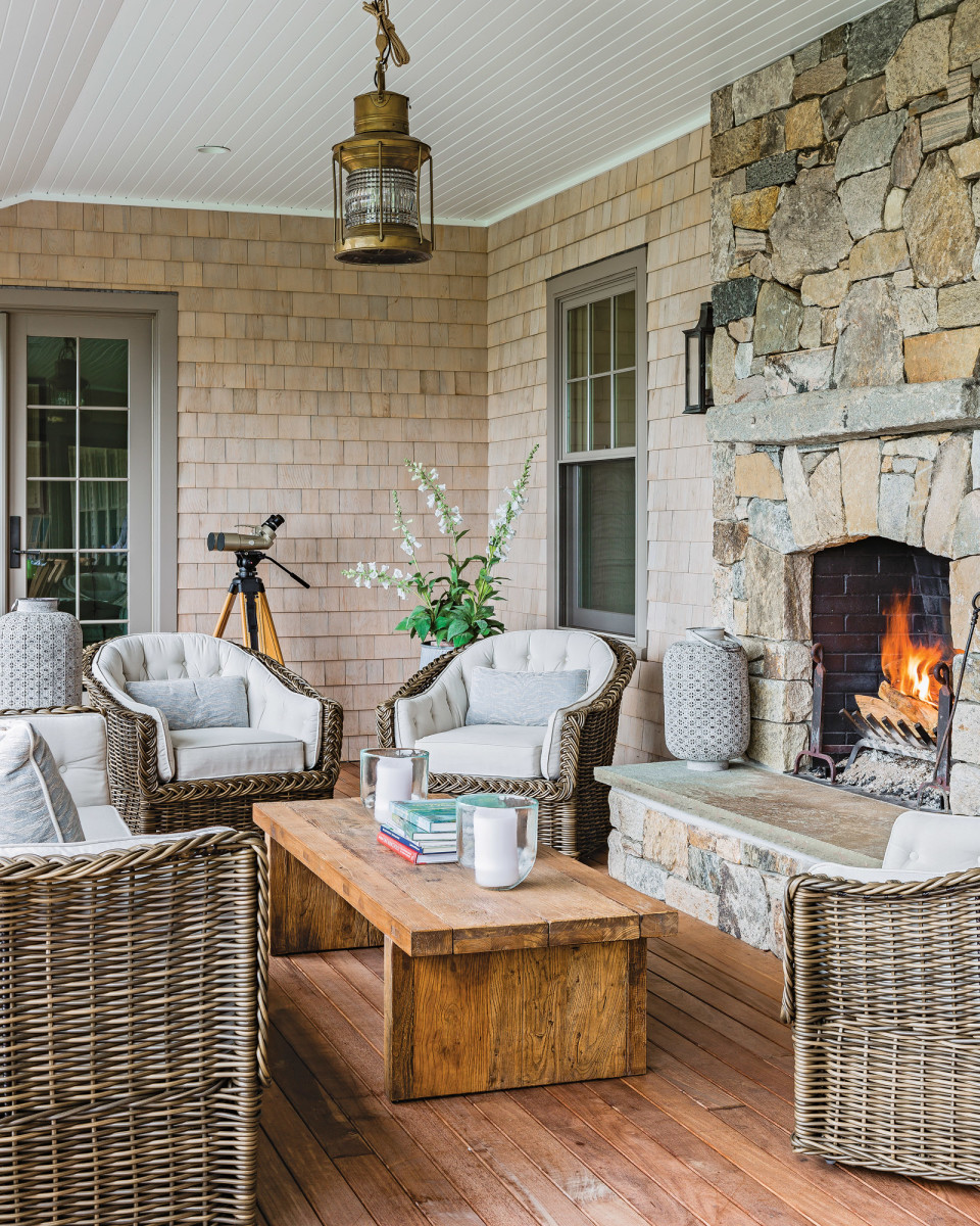 porch with stone fireplace