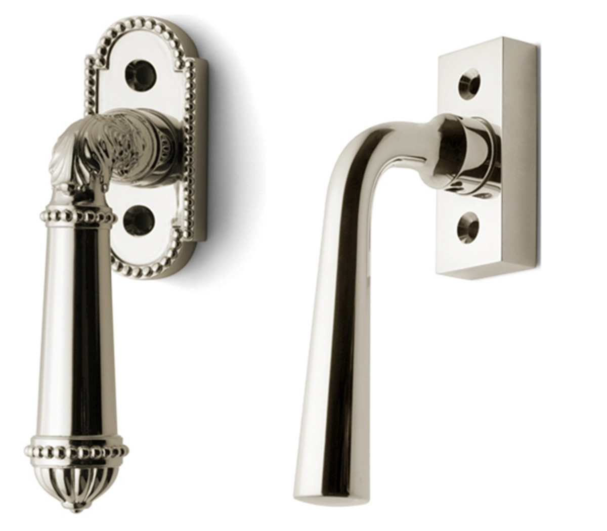 Window hardware from Nanz: The No 5601B beaded demilune escutcheon and the No 5628 rectangular escutcheon are designed to operate tilt & turn door mechanisms.