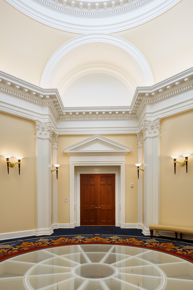 A doorway at the Student Success Center at Christopher Newport Univer- sity is defined by Chadsworth Incorporated’s custom Roman Corinthian pilasters. The project was de- signed by Glavé and Holmes Architecture and constructed by Stephenson Millwork.@