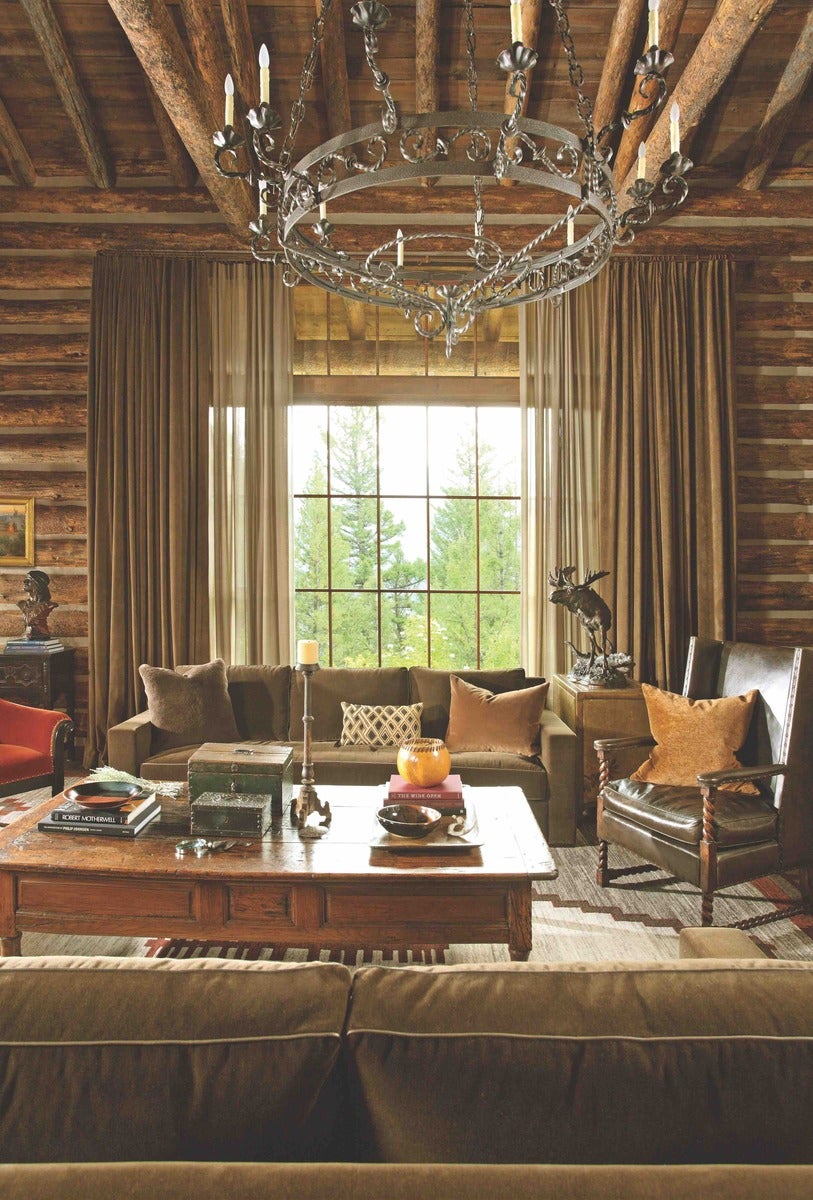 montana log cabin big sky miller roodell living room